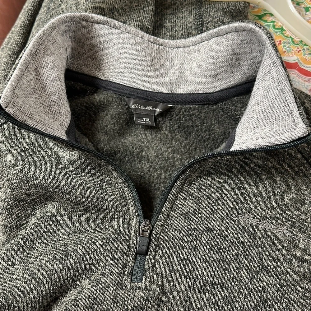 Eddie Bauer men's 1/4 zip gray/tan/black pullover sweater, inside fleece - TXL